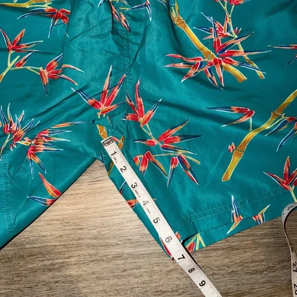 Stussy Mens Tropical Swim Trunks L Teal Birds of Paradise 5 Inseam